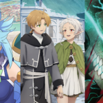 Aqua from KonoSuba, Rudeus and Sylphiette from Mushoku Tensei, and Kafka Hibino from Kaiju No. 8 side by side.