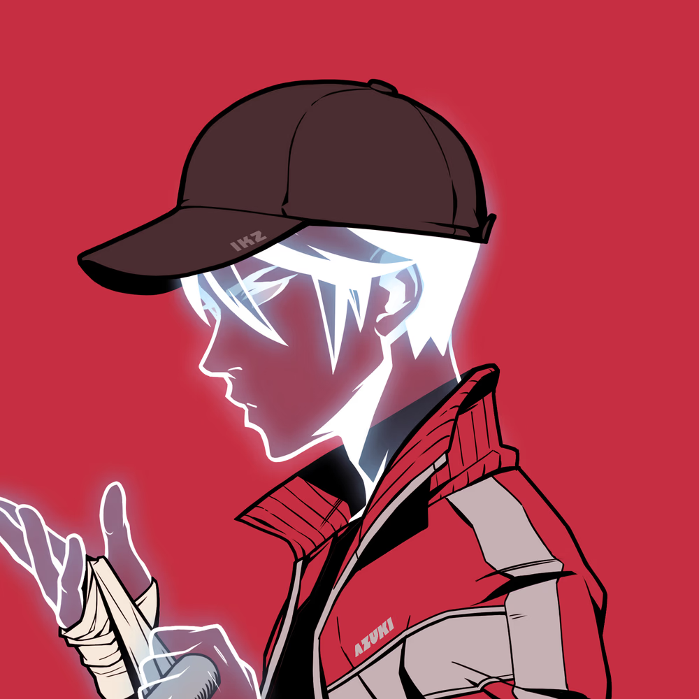  Image of the Azuki #5172. It's a ghostly character wearing a cap and wrapping his hand in a strap; the background is red.