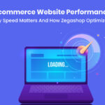 Illustration showing eCommerce website speed with a laptop loading and speedometer icon, emphasizing how Zegashop optimizes website performance.