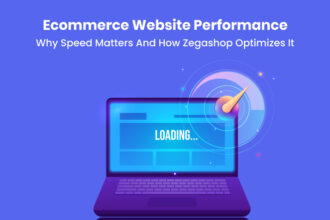 Illustration showing eCommerce website speed with a laptop loading and speedometer icon, emphasizing how Zegashop optimizes website performance.